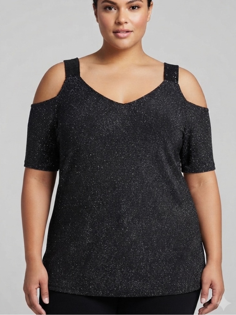 NWT LILY MORGAM Black Cold Shoulder Metallic Sparkle Top